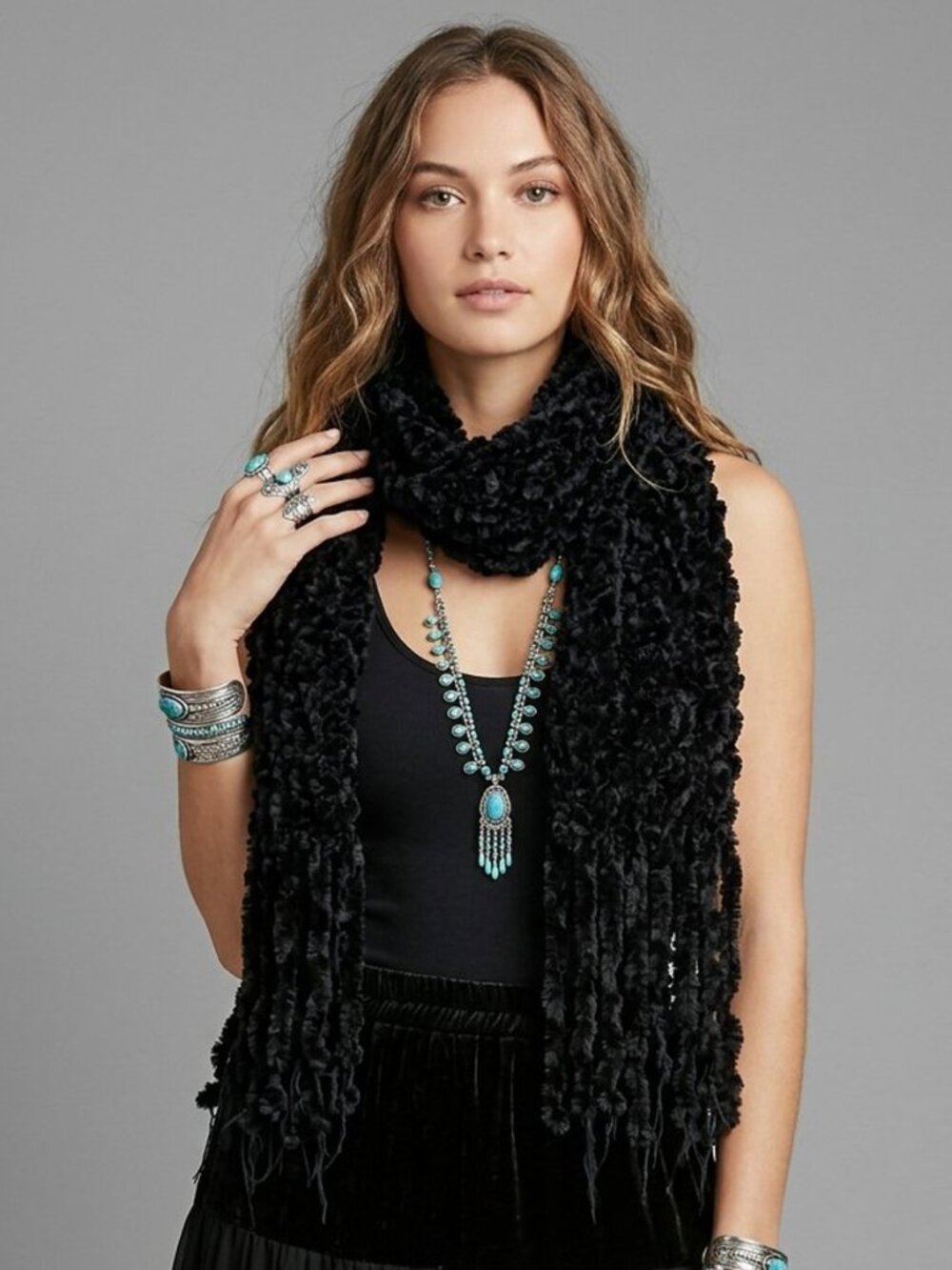 Black Shaggy Chenille Open Knit Long Scarf Fringe Textured Boho Winter Wrap